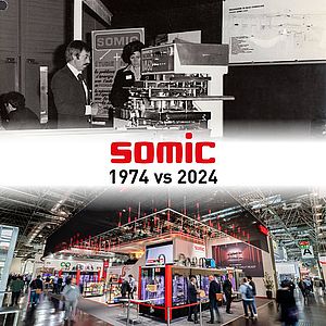 Collage zu 50 Jahre SOMIC - Bild oben zeigt den ersten Messeauftritt von SOMIC. Bild unten den Messestand von SOMIC auf der Interpack 2023