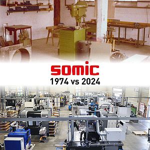 Collage zu 50 Jahre SOMIC - Bild oben zeigt die Werkstatt in den Anfängen. Bild unten die heutige Teilefertigung in Haag