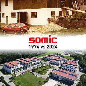 Collage zu 50 Jahre SOMIC - Bild oben zeigt das erste SOMIC Firmengebäude 1974. Das Bild unten den aktuellen SOMIC Hauptsitz in Amerang